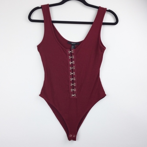Forever 21 Bodysuit Red Ribbed Sz Small - Picture 1 of 6
